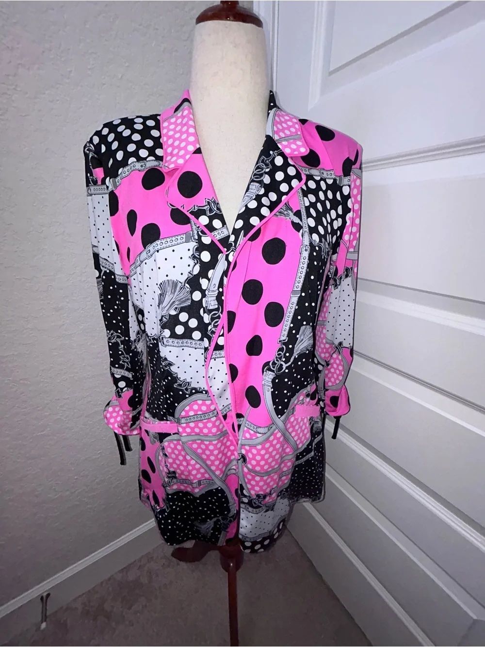 Peter Nygard Polka Dot Chain Motif Print Front Duster Blazer Jacket